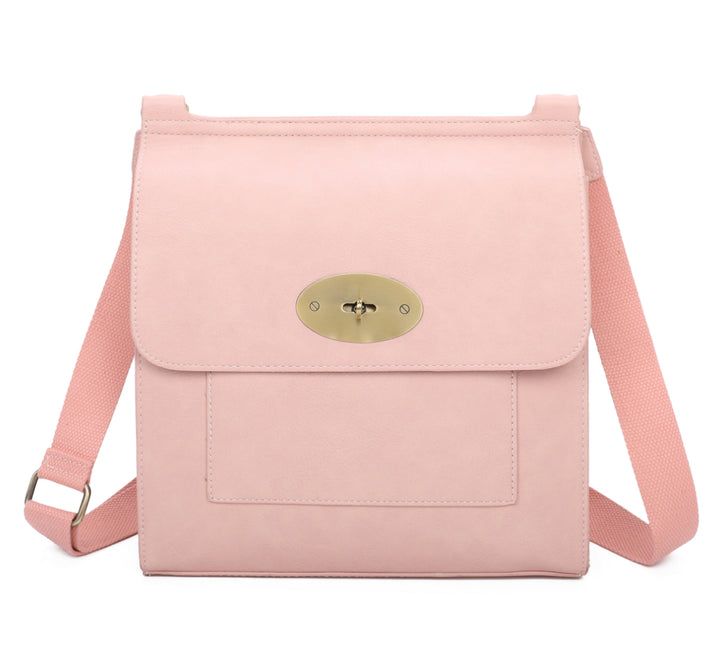 Pink satchel bag with gold hard wear detailing and a long strap 