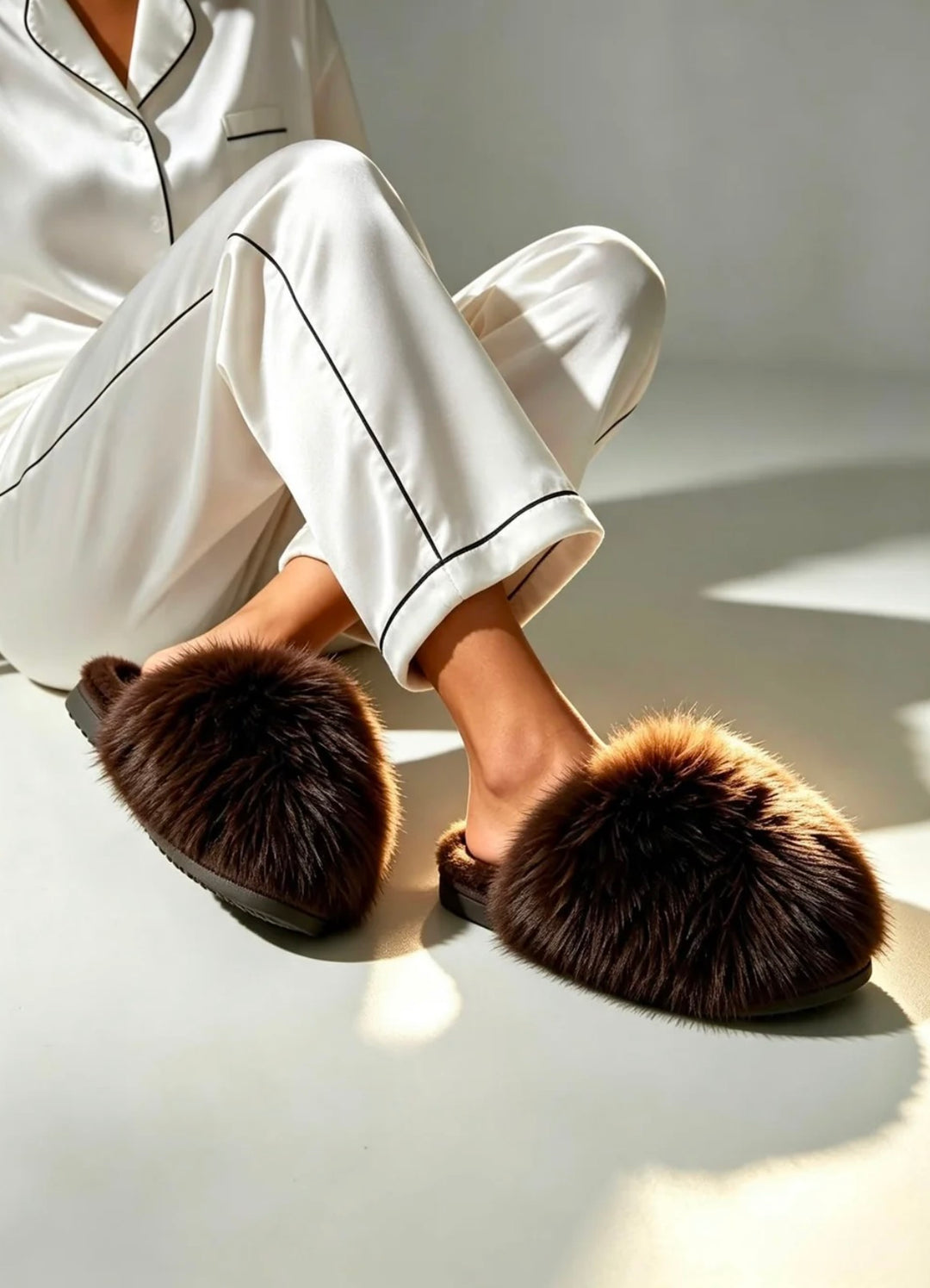 A person wearing white satin pajama pants sits on a light floor while wearing fluffy dark brown slippers with black trim.