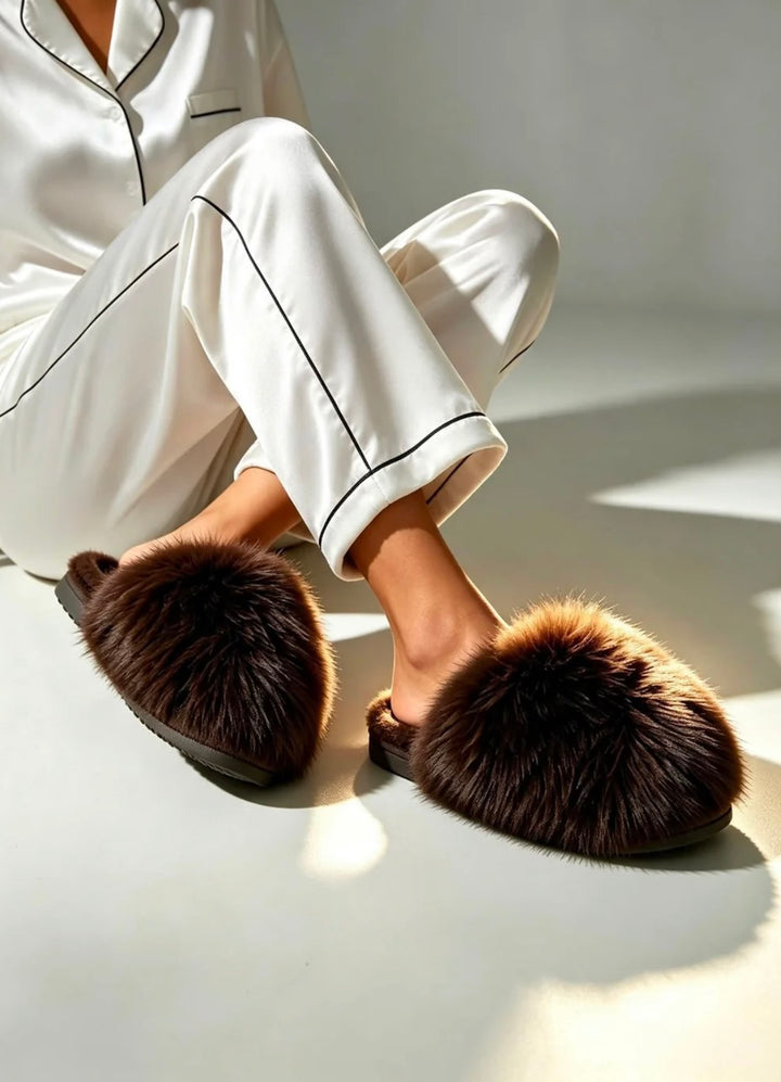 A person wearing white satin pajama pants sits on a light floor while wearing fluffy dark brown slippers with black trim.