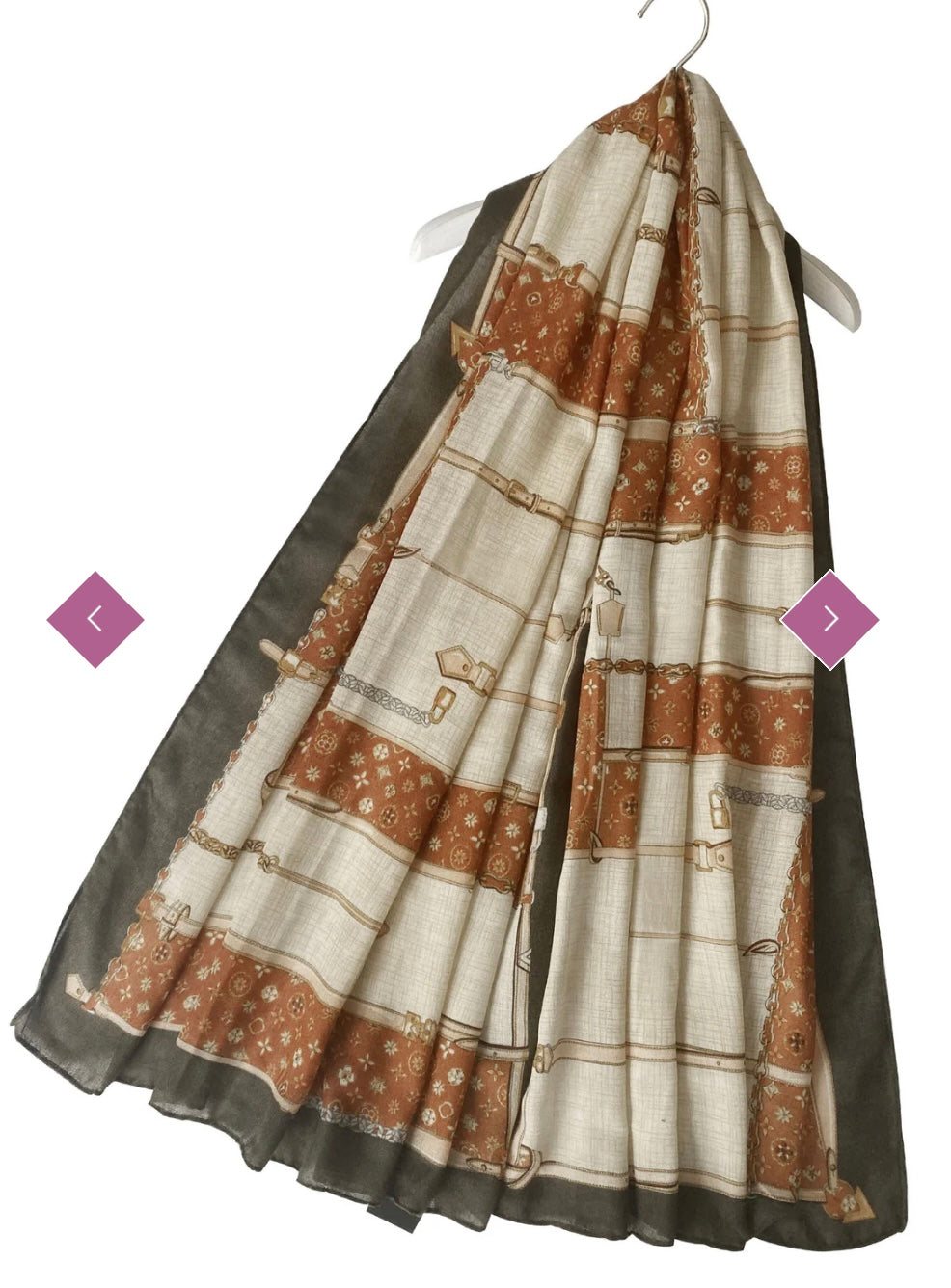 A scarf with a belt buckle print, featuring a variety of colors including beige, brown, and grey.
