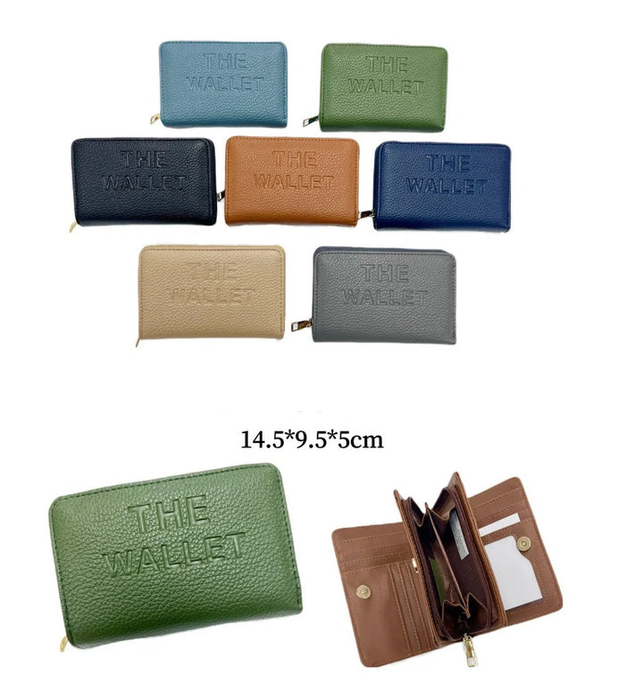 A collection of compact wallet purses in various colors, displayed open to show the interior compartments and closures, with one purse open to show the card slots and coin pocket.