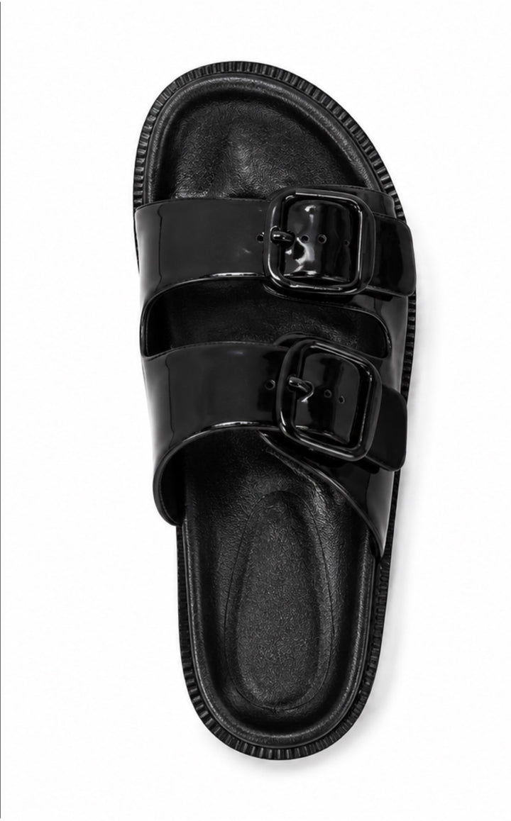 Women’s Black Patent Double Buckle Slide Sandals