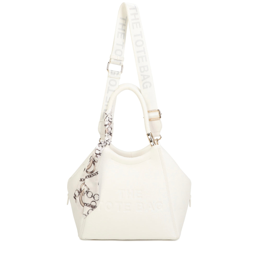An off-white structured handbag with a matching shoulder strap printed with &