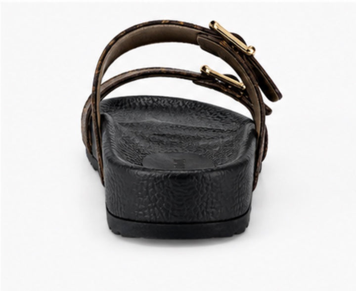 Women’s Brown Double Buckle Comfort Slide Sandals