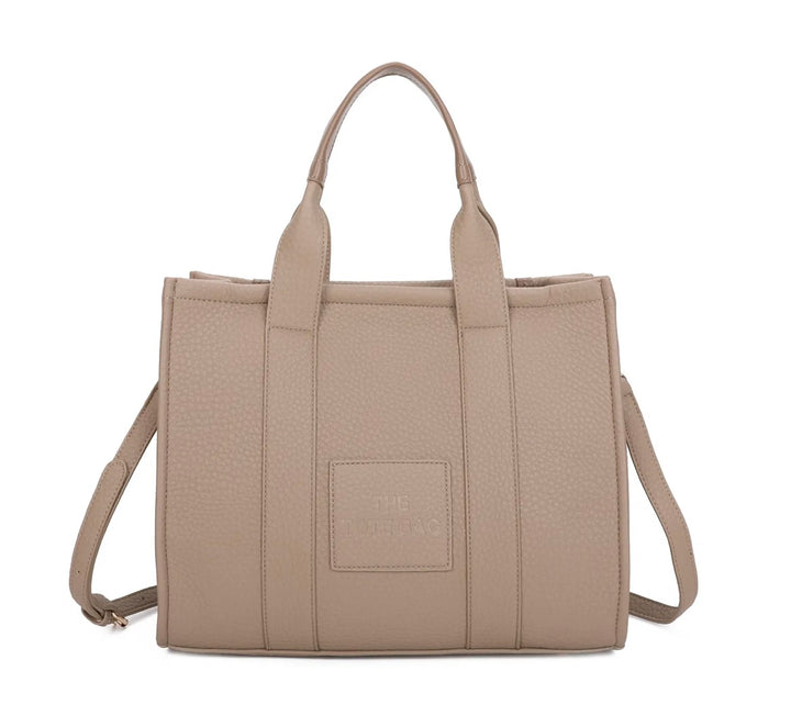 A large stripe print tote bag with double handles and a detachable adjustable long strap in beige 