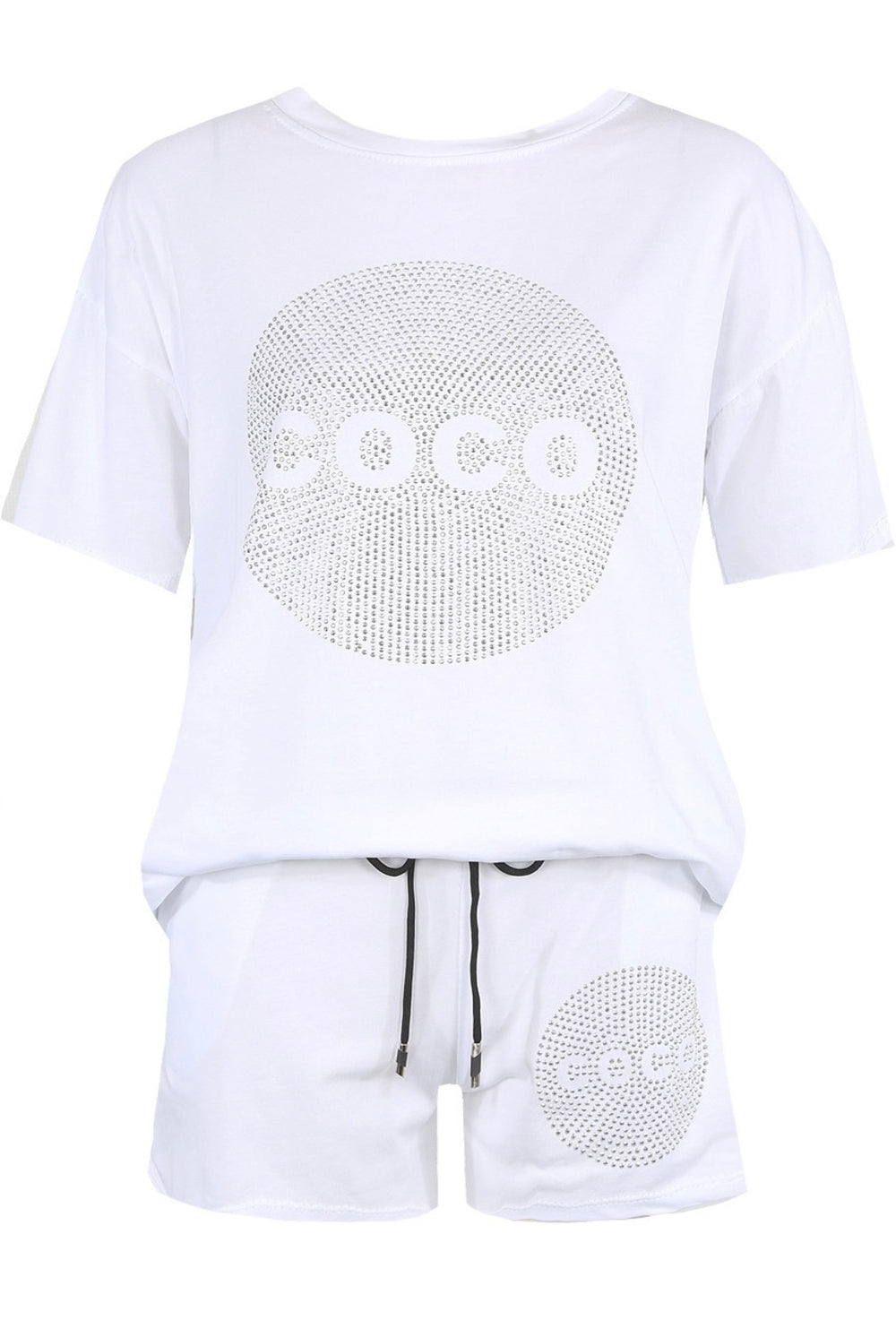 White rhinestone COCO t-shirt and shorts co-ord set with circular design