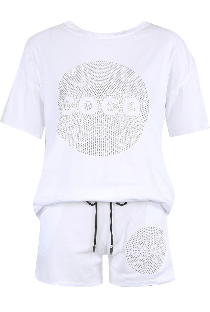 White rhinestone COCO t-shirt and shorts co-ord set with circular design