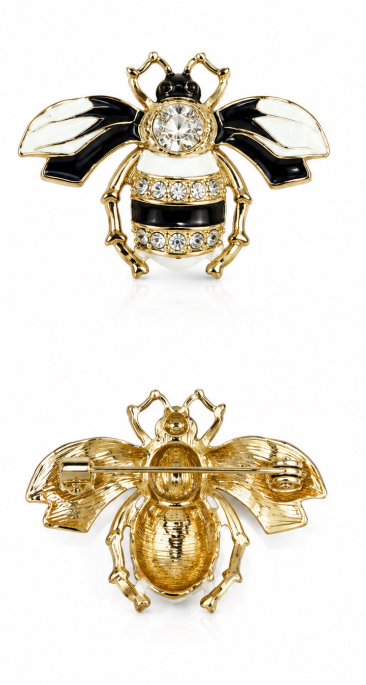 Crystal Bee Brooch – Gold &amp; Black Enamel Rhinestone Pin