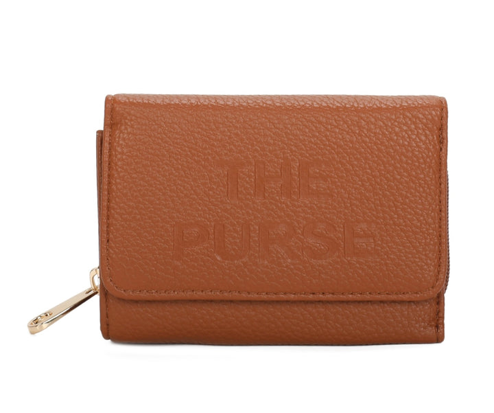 Brown faux leather purse with embossed ‘THE PURSE’ lettering and gold zip detail