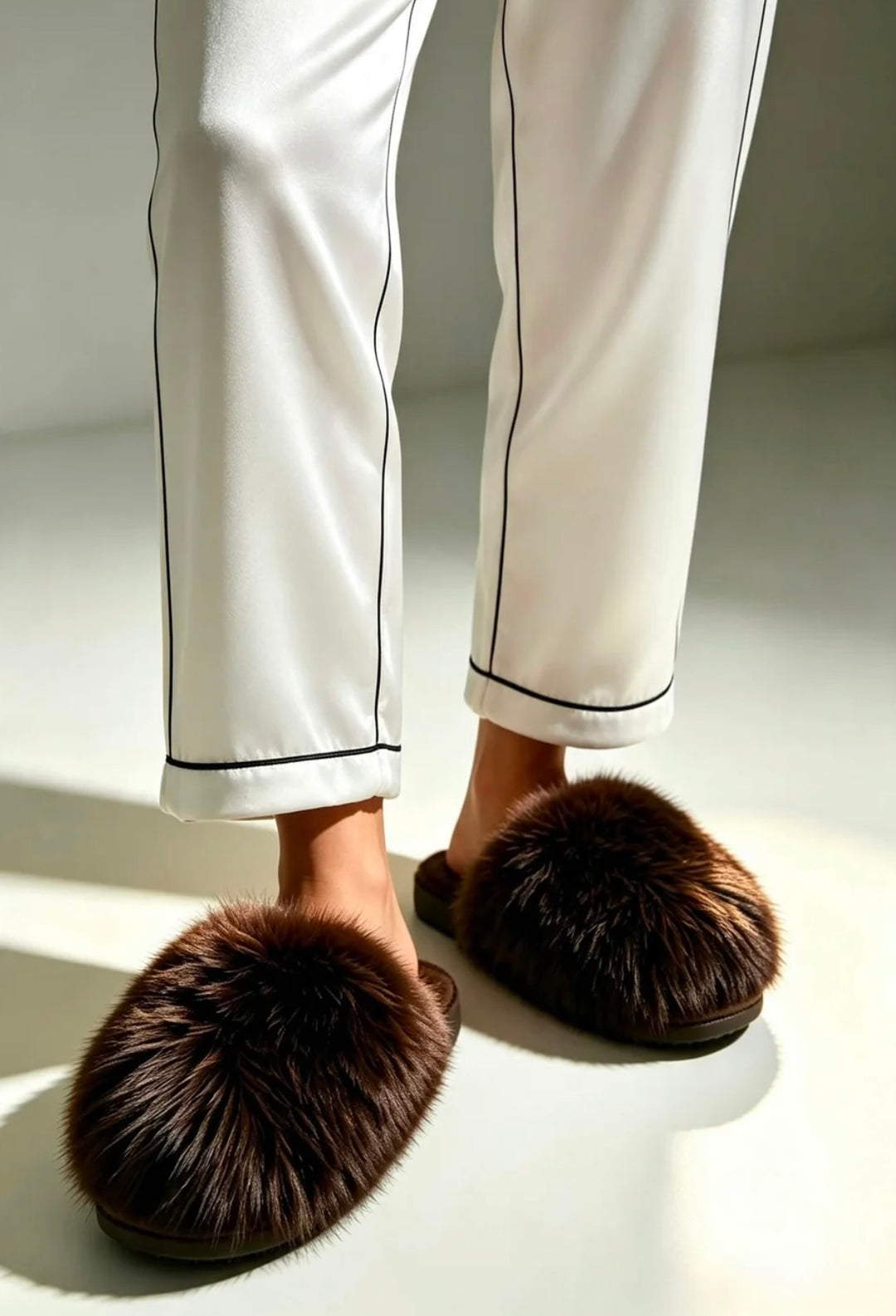 A person wearing fluffy dark brown slippers with white pajama pants featuring black piping, standing on a light-colored floor with soft shadows.