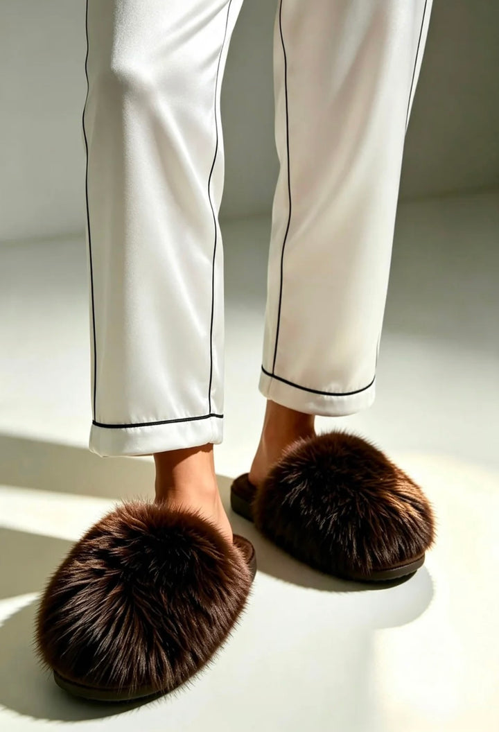 A person wearing fluffy dark brown slippers with white pajama pants featuring black piping, standing on a light-colored floor with soft shadows.