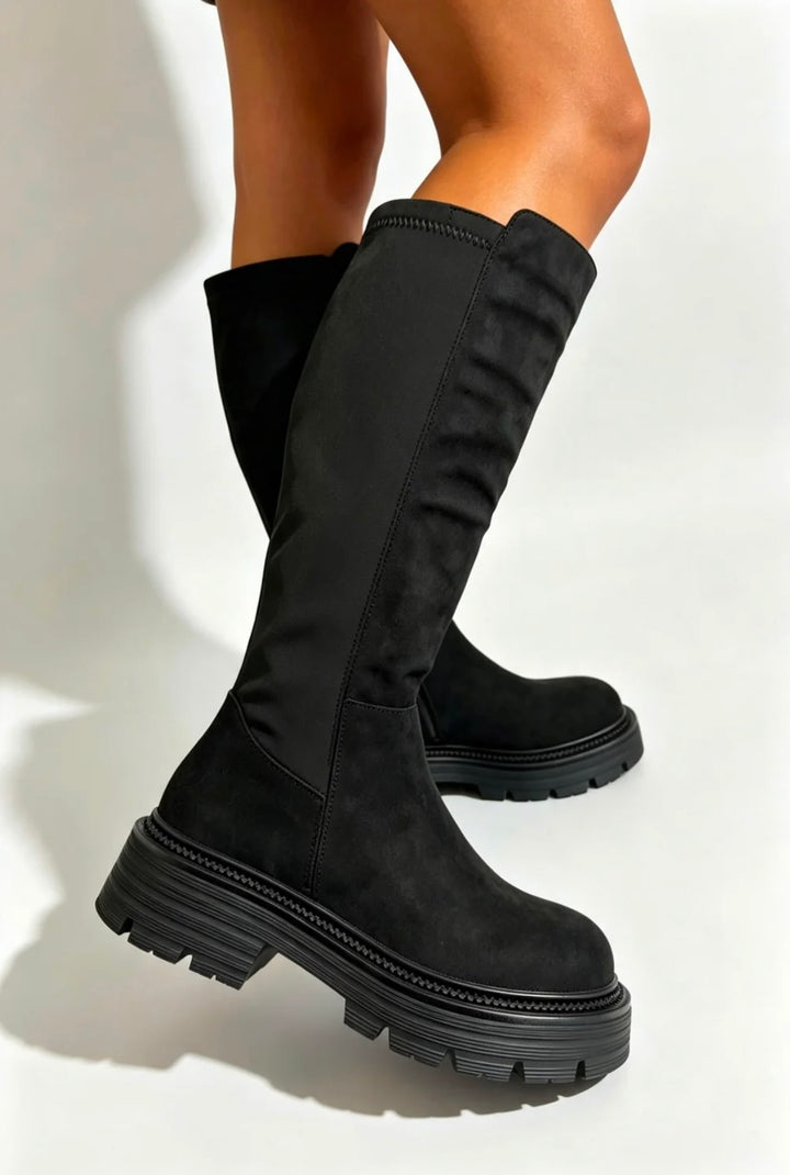 Black faux suede knee high chunky stretch boots