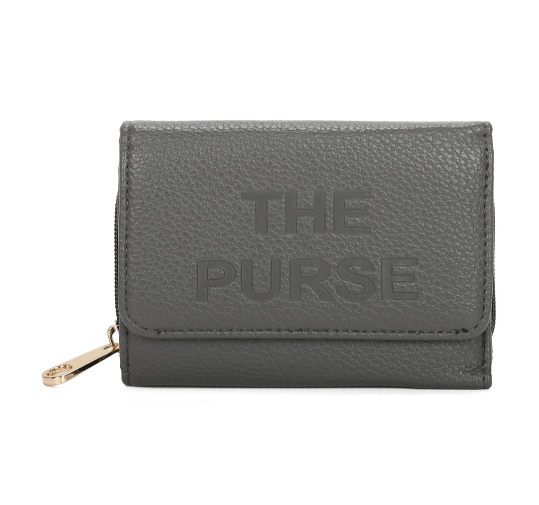 Grey faux leather purse with embossed ‘THE PURSE’ lettering and gold zip detail
