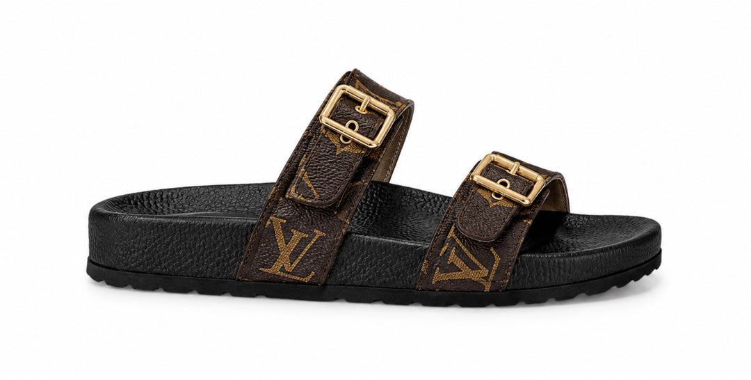 Women’s Brown Double Buckle Comfort Slide Sandals
