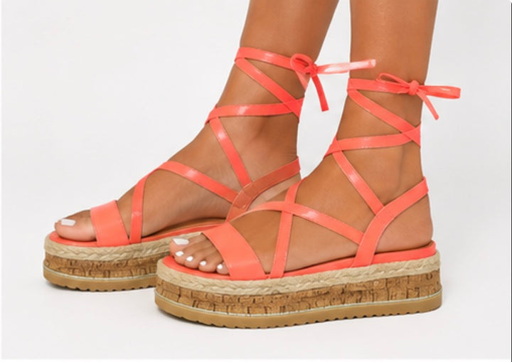 Neon Pink Lace-Up Platform Espadrille Sandals