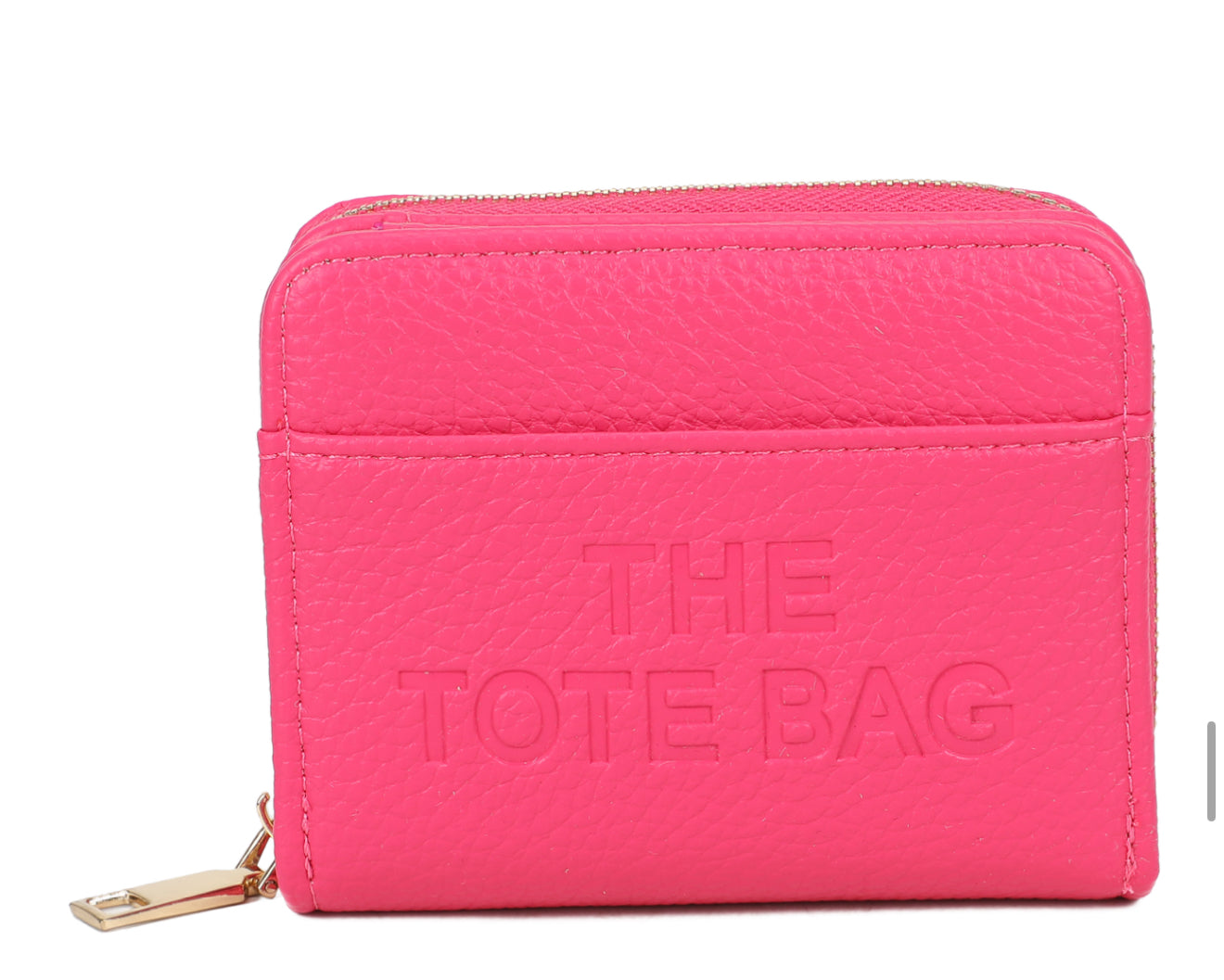 Pink wallet with 'THE TOTE BAG' embossed 
