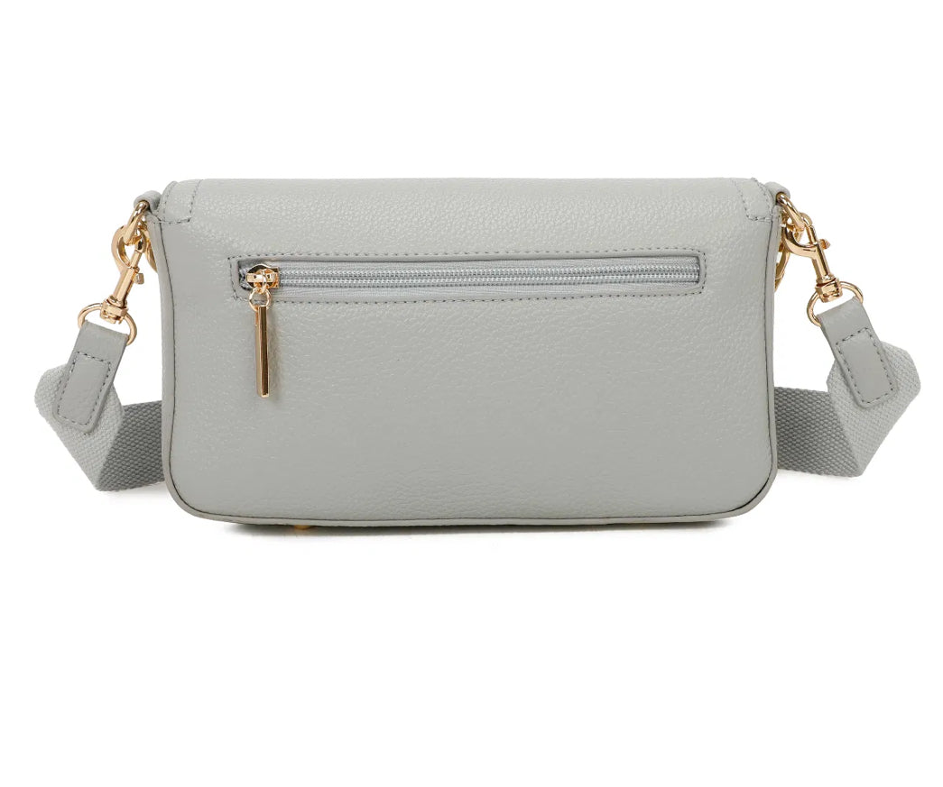 A grey mini tote bag with a chain detail and the text &