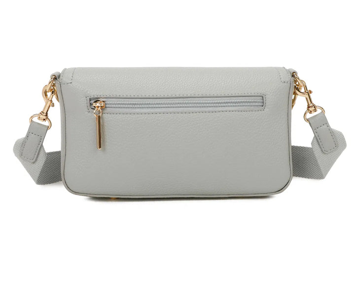A grey mini tote bag with a chain detail and the text &