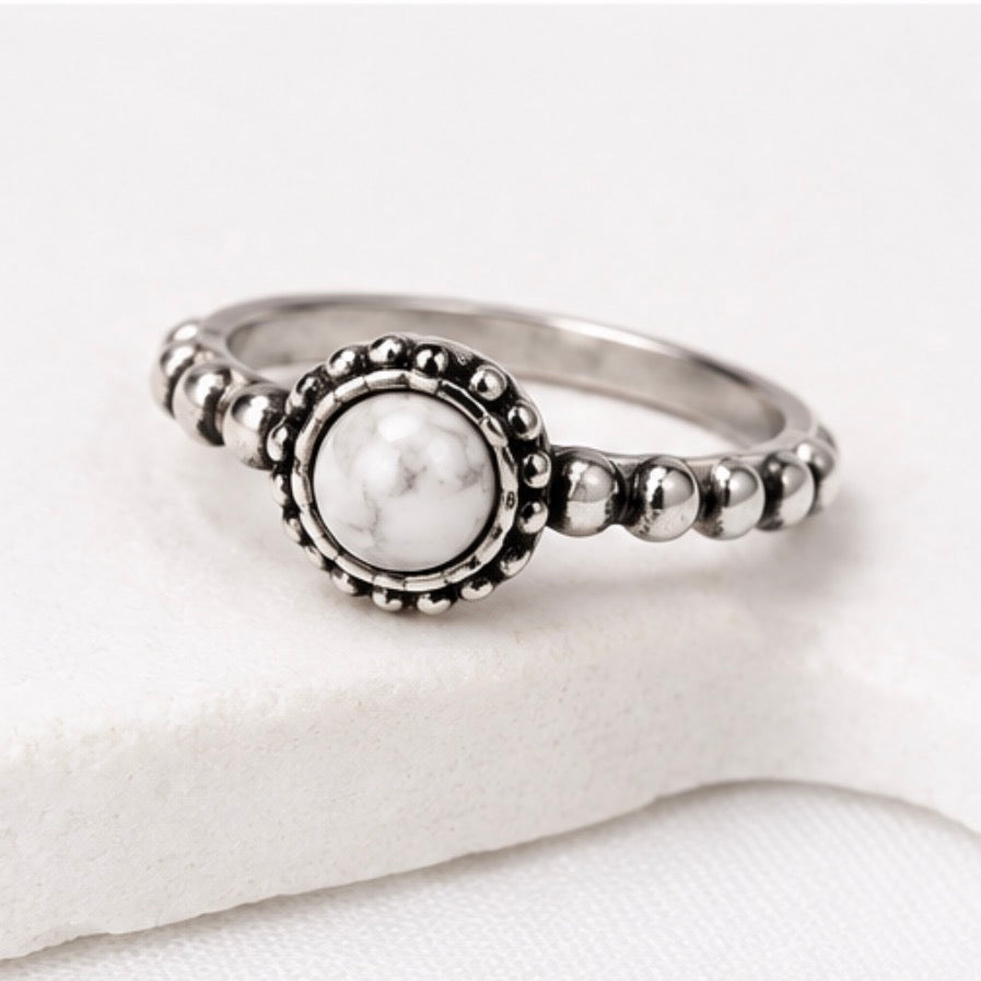 Silver Beaded Gemstone Ring – Assorted Colours