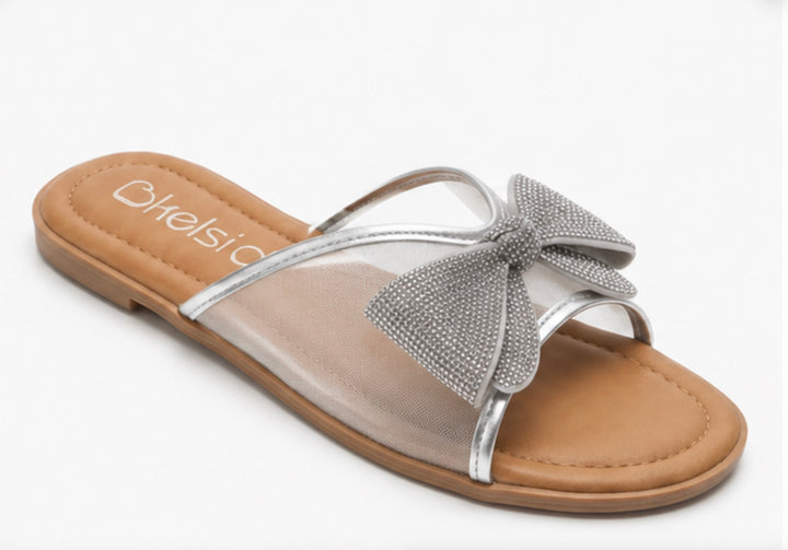 Black Mesh Bow Flat Sandals with Rhinestone Detail
