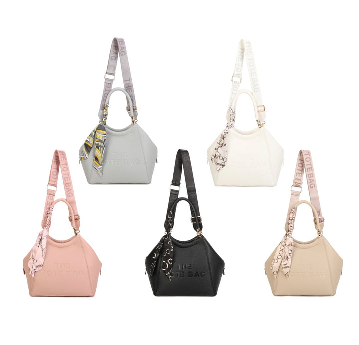 Large women’s tote handbag with elegant scarf detail handle, available in multiple colours including black, cream, grey, blush pink and beige, displayed on a white background.