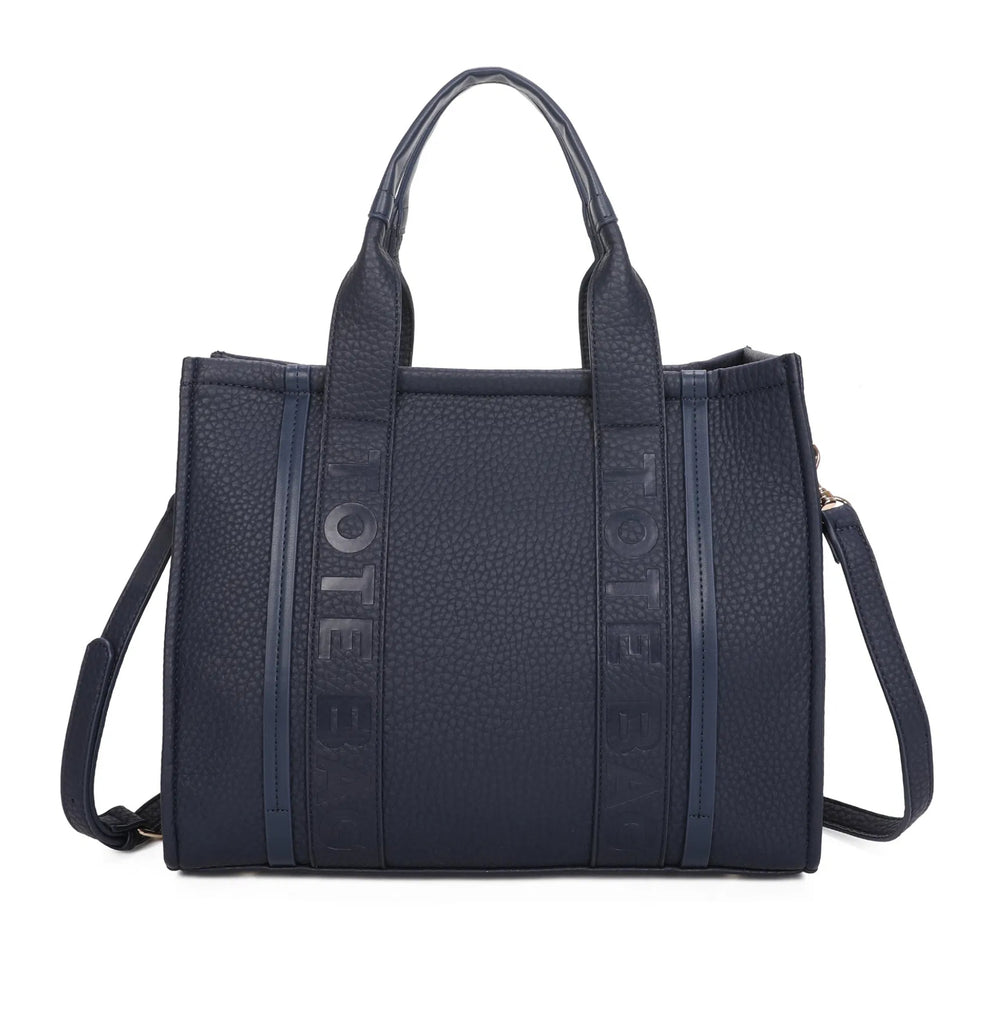 A large stripe print tote bag with double handles and a detachable adjustable long strap in navy