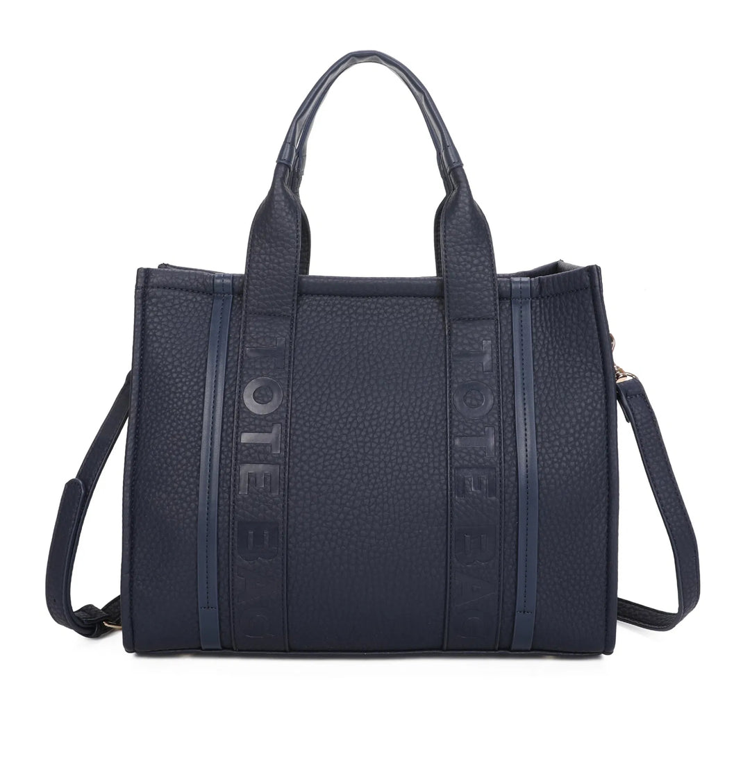 A large stripe print tote bag with double handles and a detachable adjustable long strap in navy