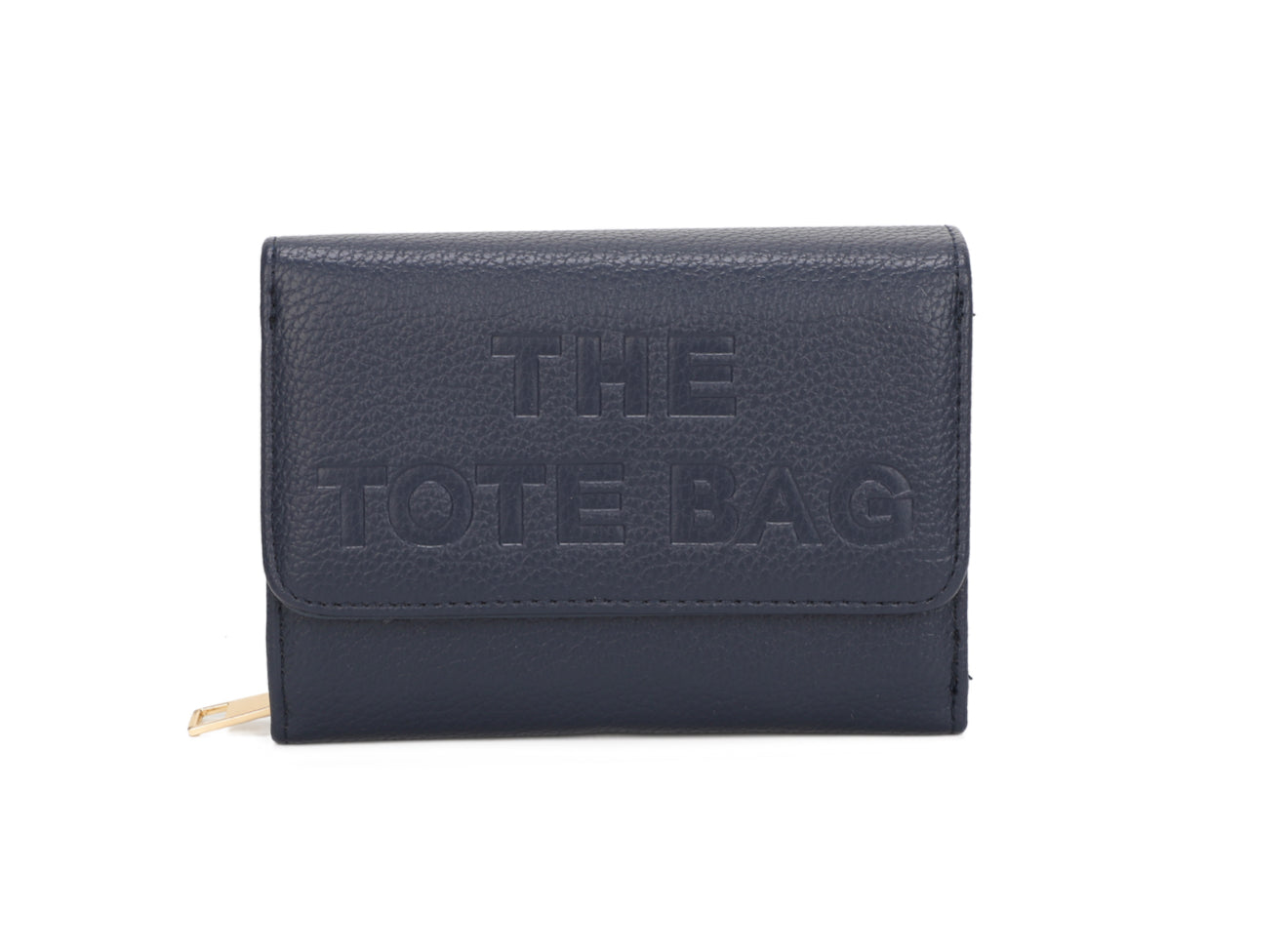 Navy purse with “ The tote bag” detailed and gold zip