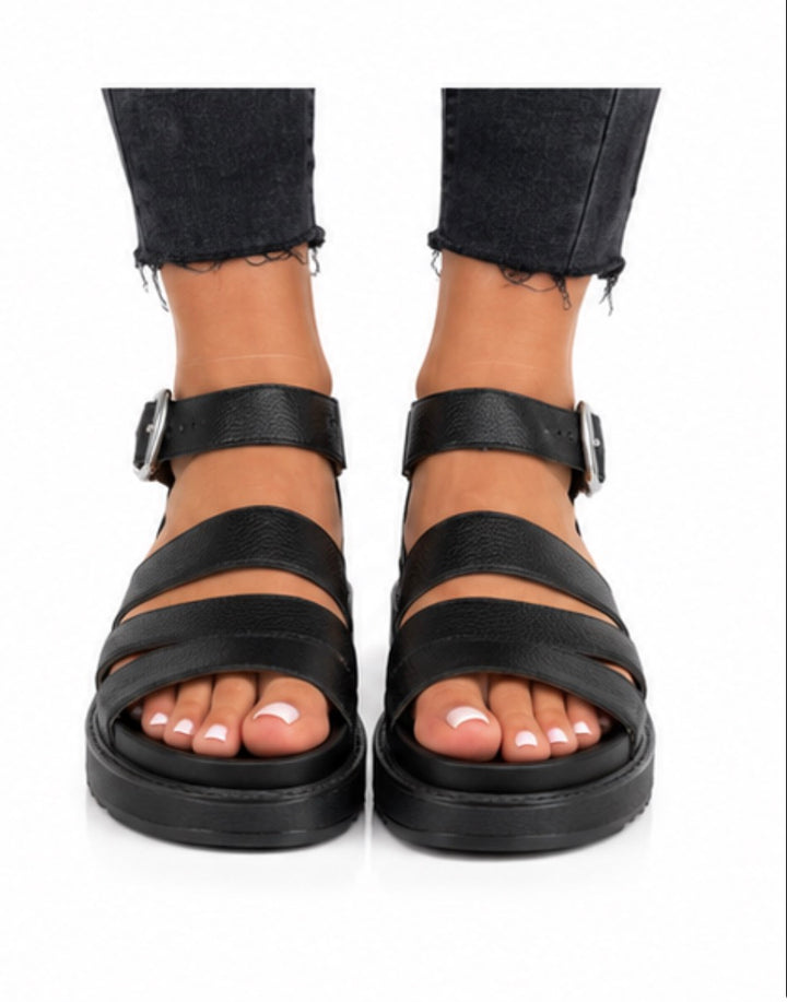 Black Gladiator Sandals – Faux Leather Strappy Summer Shoes