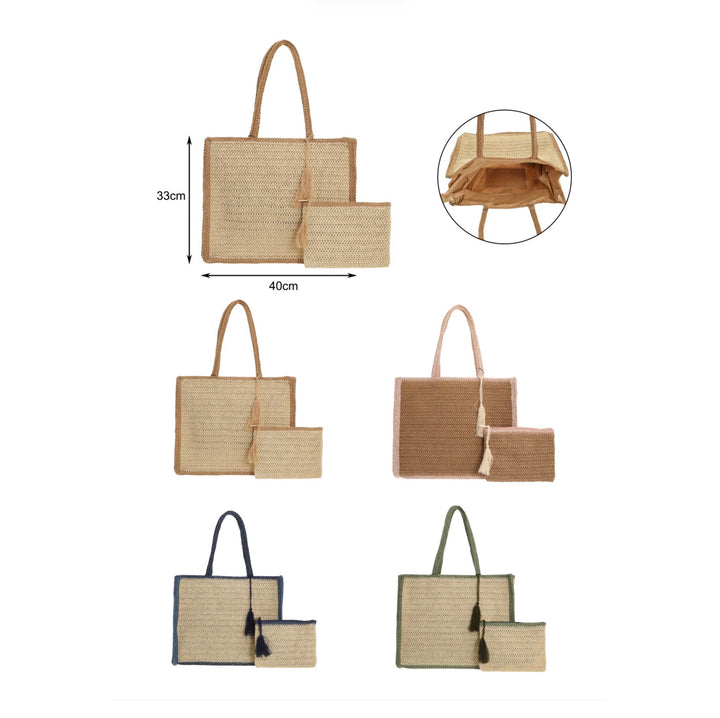 Woven Straw Beach Tote Bag with Matching Zip Pouch