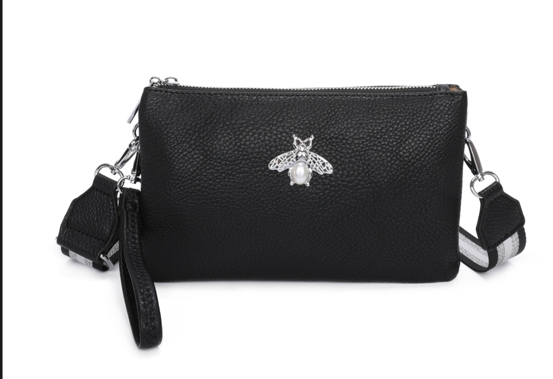 Black clutch bag with a silver bee emblem