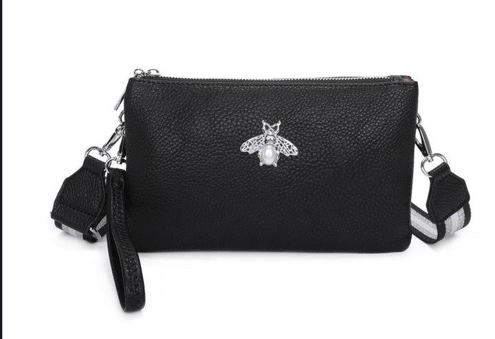Black clutch bag with a silver bee emblem