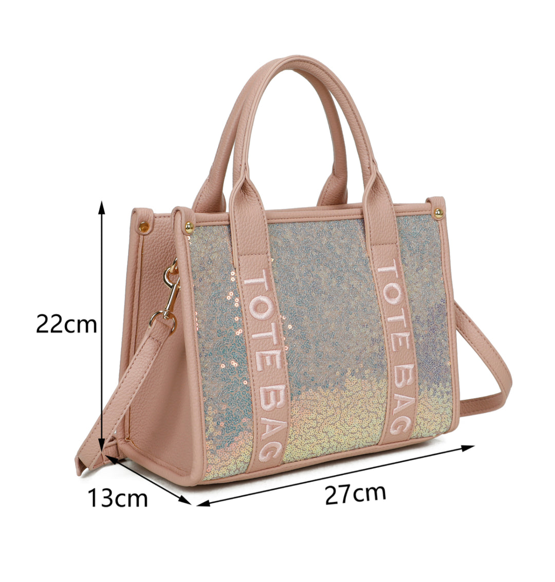 Pink colour “tote bag” with gold detail and holographic sequin detail on the front 