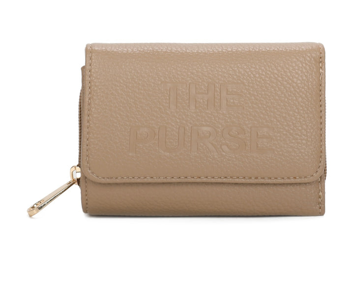 Beige faux leather purse with embossed ‘THE PURSE’ lettering and gold zip detail