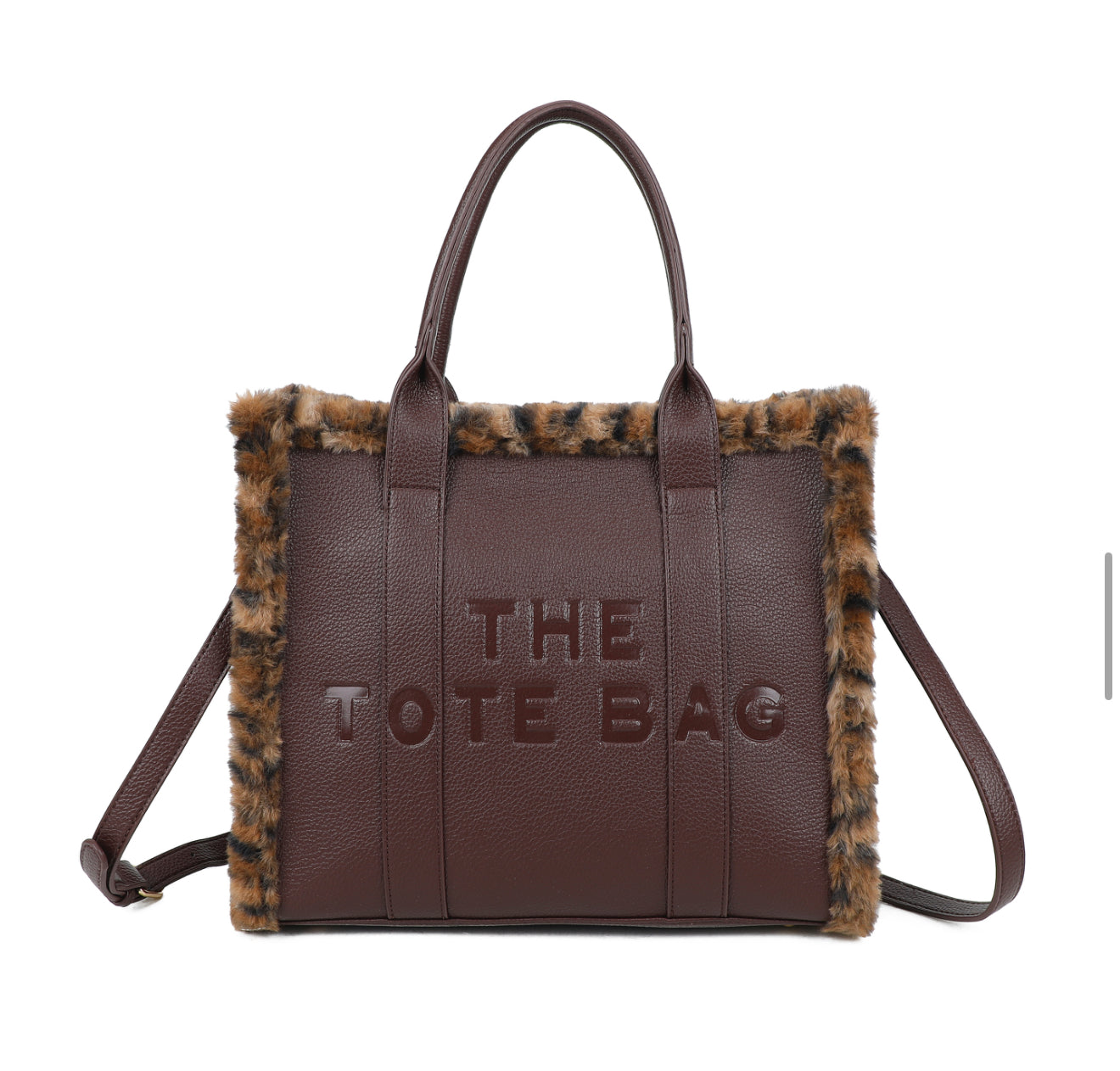 Coffe coloured tote bag with animal print fur edging