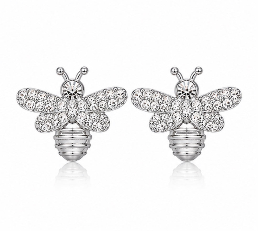 Silver Crystal Bee Stud Earrings