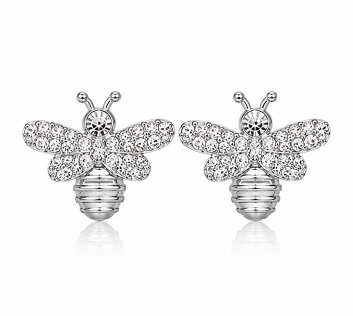 Silver Crystal Bee Stud Earrings