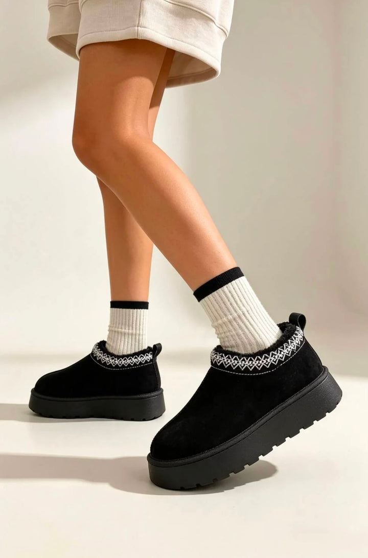 Black Aztec Faux Fur Platform Slipper Boots
