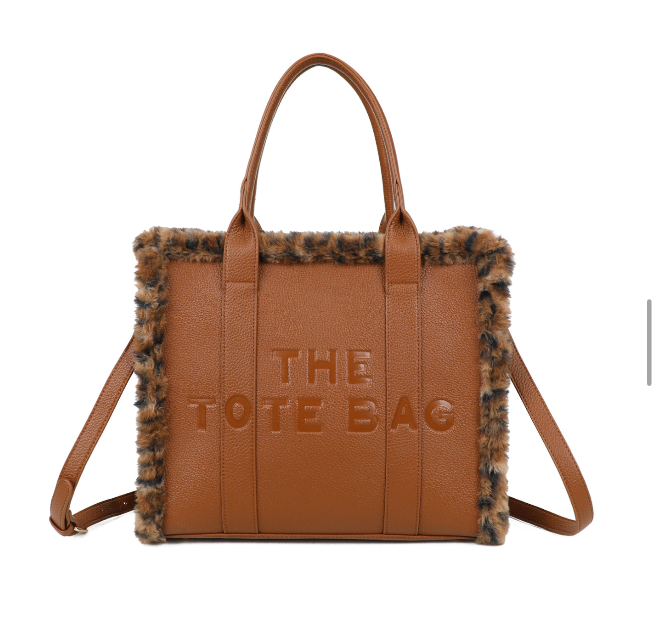 Tan brown coloured tote bag with animal print fur edging