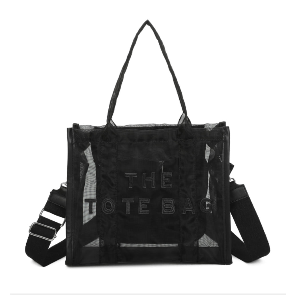 A opaque mesh tote bag with zip closure and a long Crossbody strap in black 