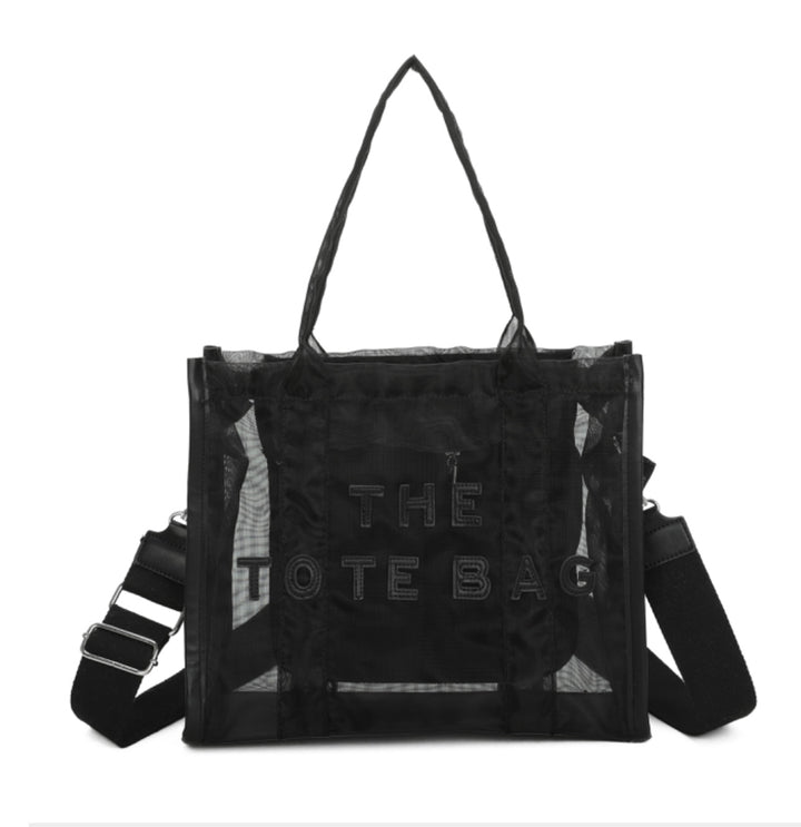 A opaque mesh tote bag with zip closure and a long Crossbody strap in black 