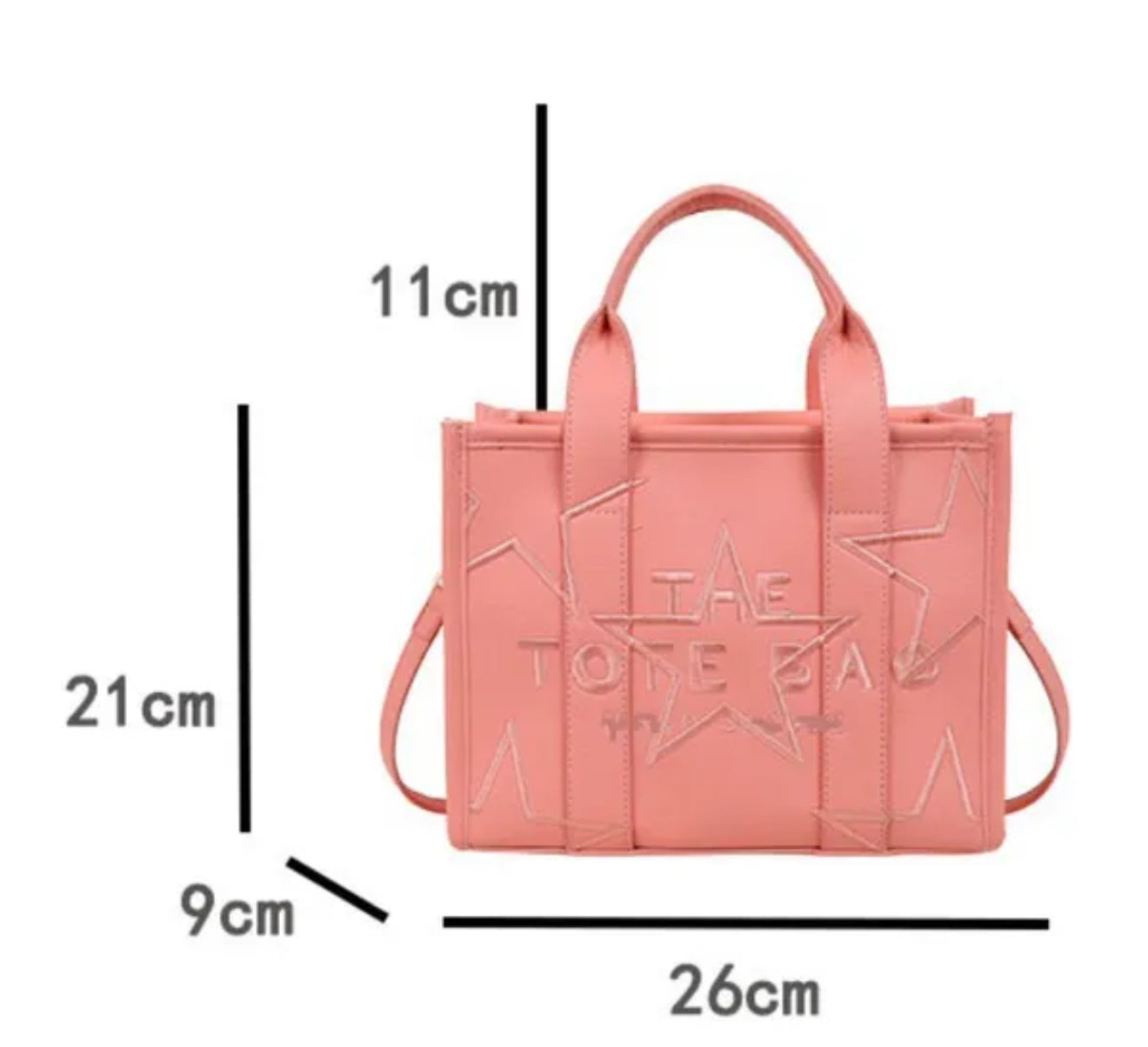 Pink tote bag with measurements on a white background