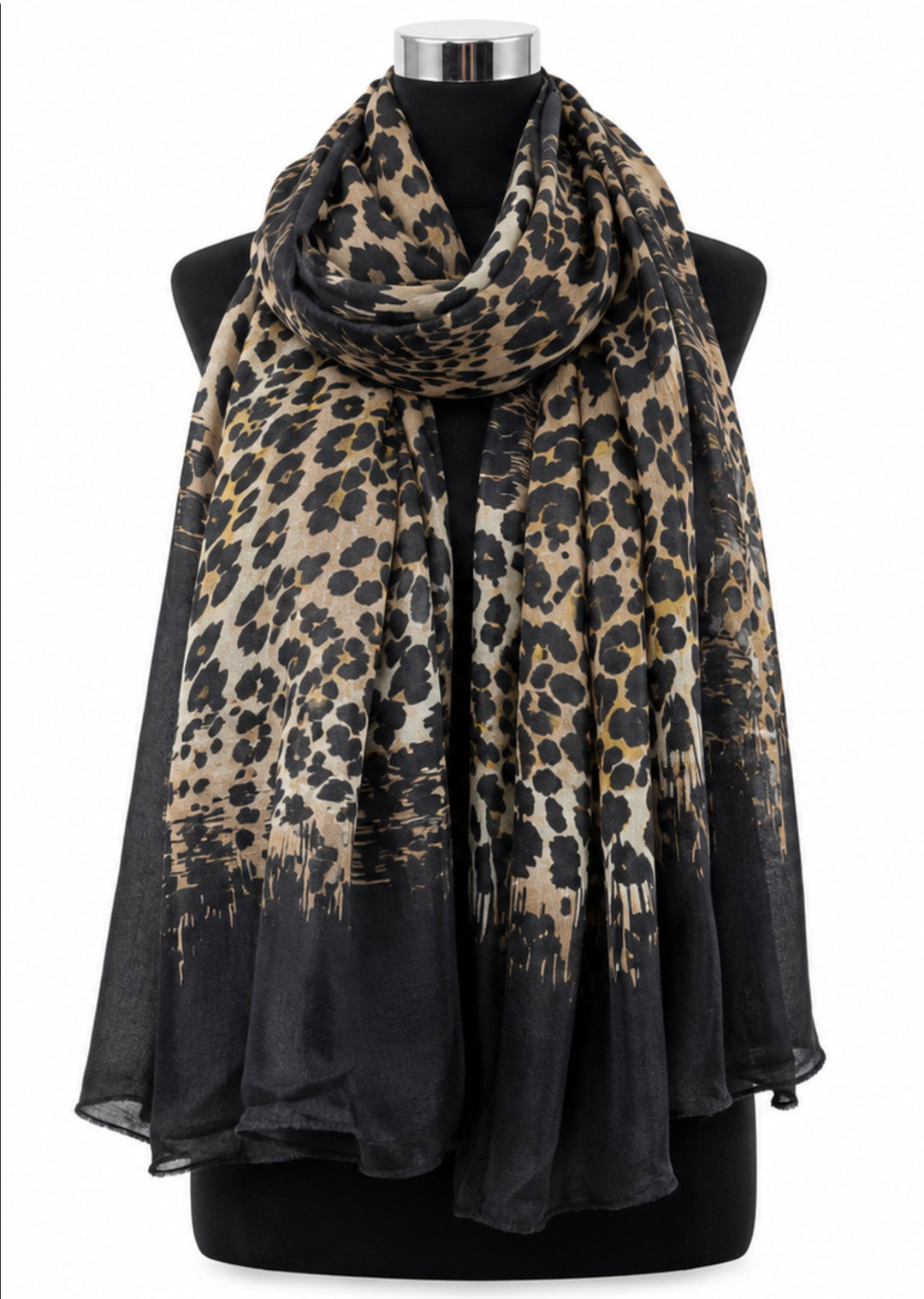 Black, camel and beige leopard print lightweight scarf with contrasting black border.