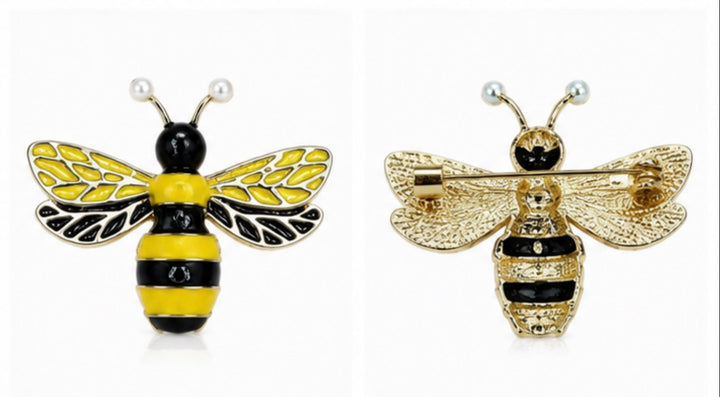 Crystal Bee Brooch – Gold &amp; Black Enamel Rhinestone Pin