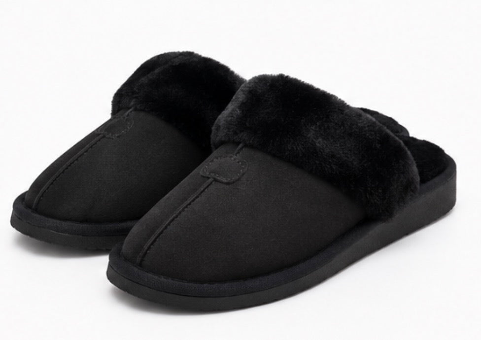 Black Faux Fur Lined Mule Slippers