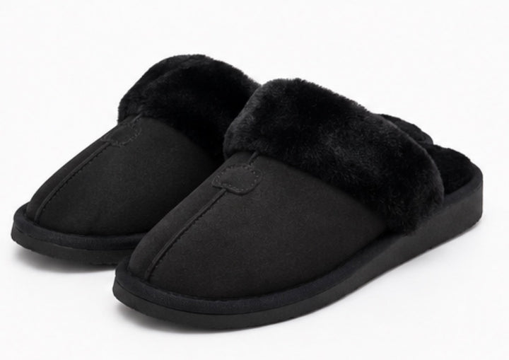 Black Faux Fur Lined Mule Slippers