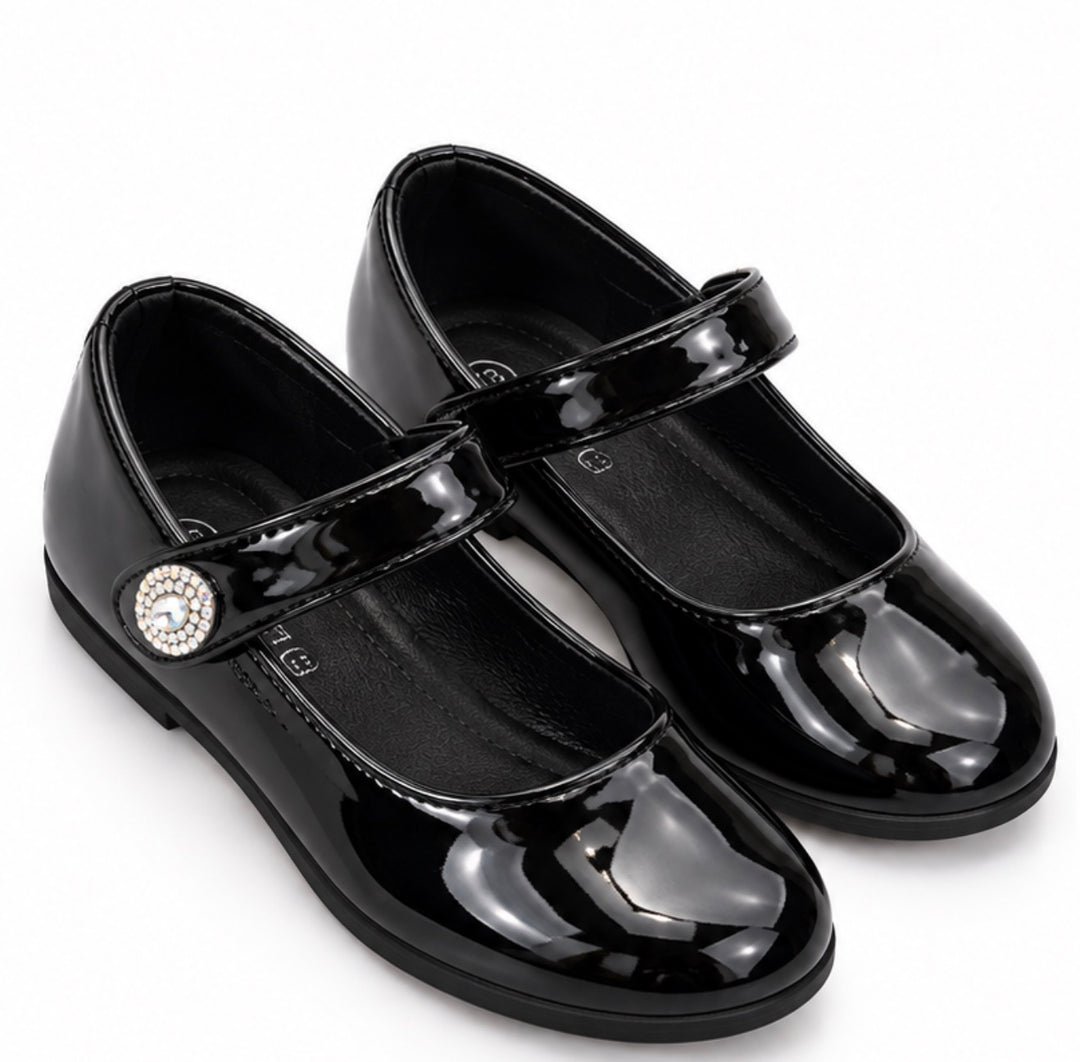 Girls black patent flat school shoes with strap and sparkling gem detail