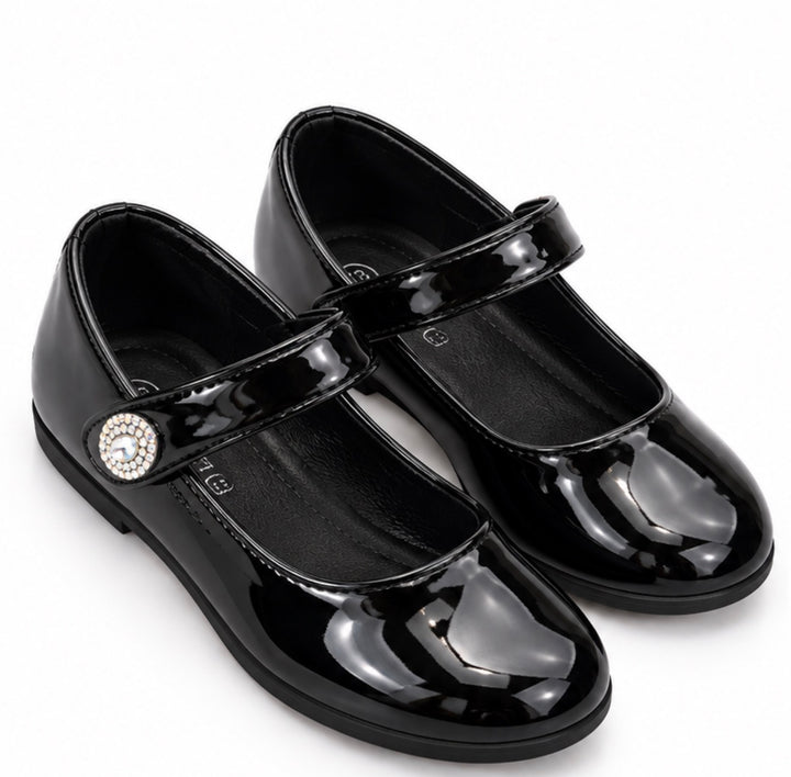 Girls black patent flat school shoes with strap and sparkling gem detail