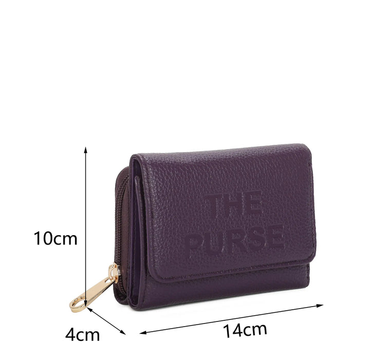 Purple faux leather purse with embossed ‘THE PURSE’ lettering and gold zip detail