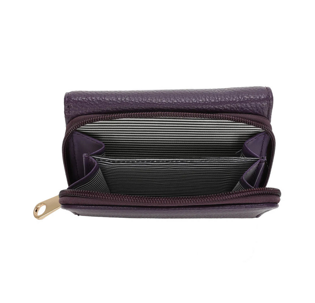 Purple faux leather purse with embossed ‘THE PURSE’ lettering and gold zip detail